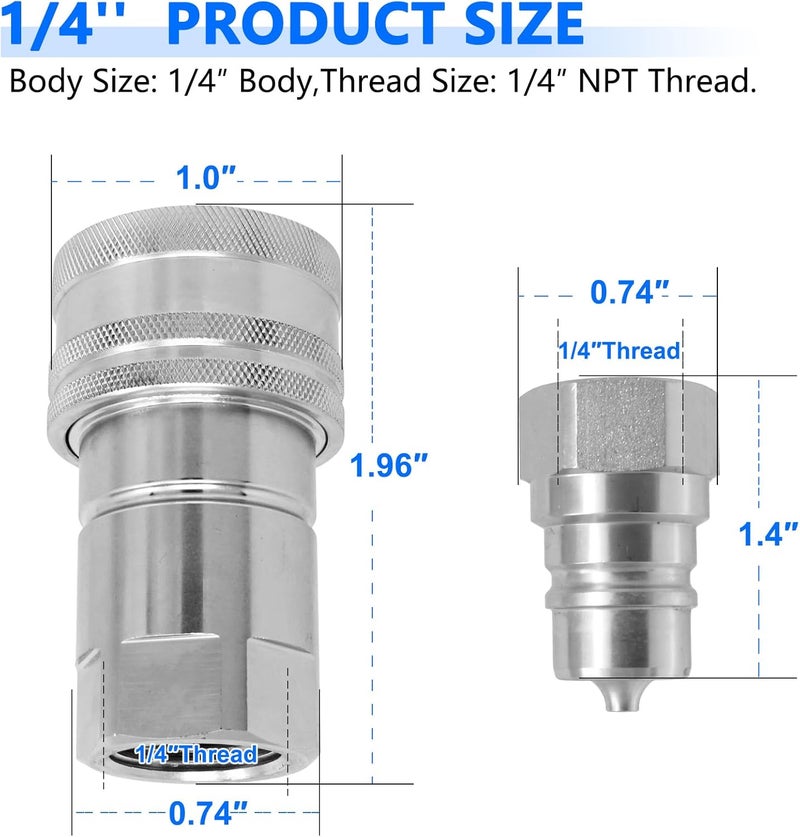 Cplbrb 1/4" Ag ISO 7241-A Hydraulic Quick Connect Tractor Couplers with Dust Caps,Poppet Pioneer Style,Hydraulic Quick Coupler 1/4" NPT Thread & Body-1 Sets - Image 2